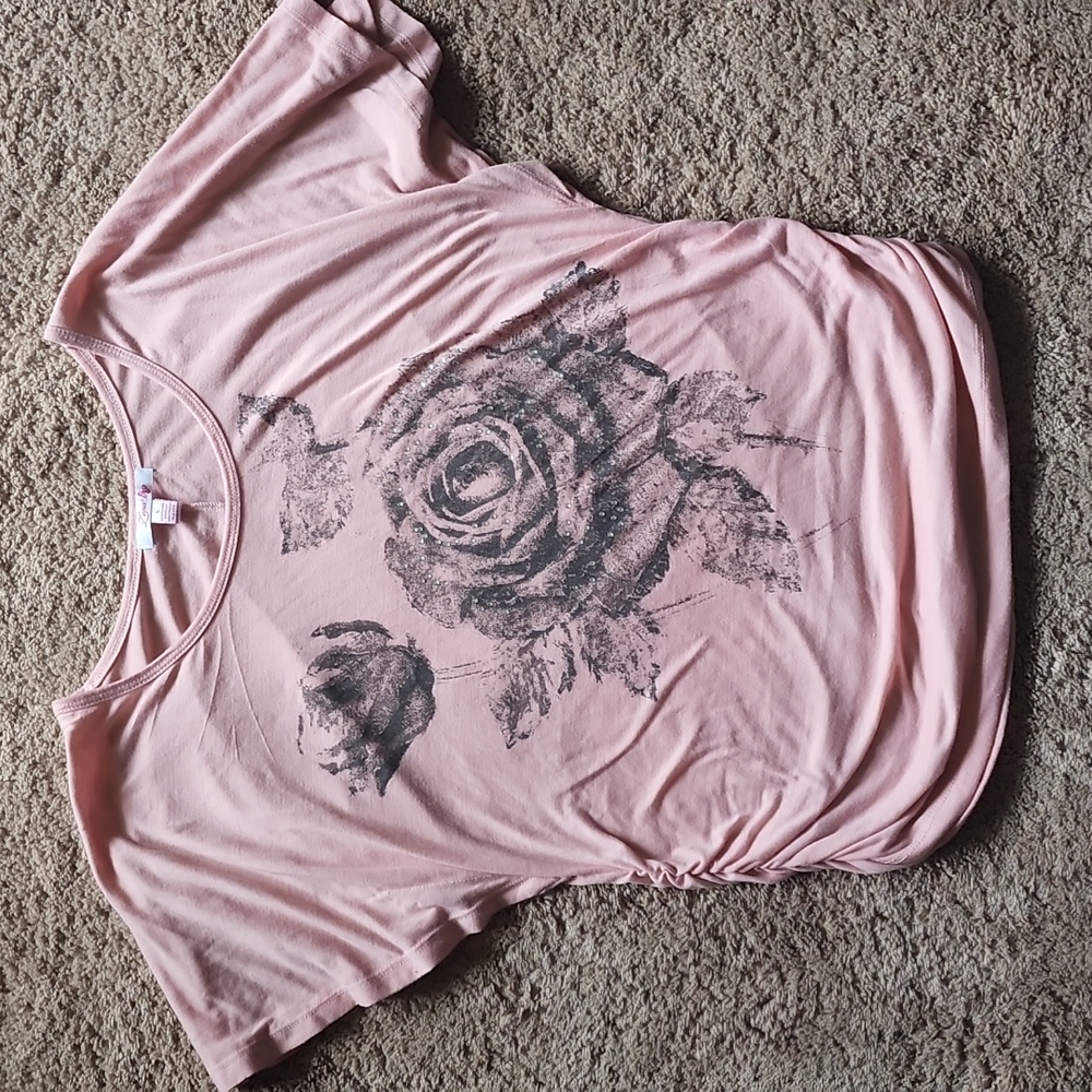 Womens rose bling rhinestone cinched sides romantic top L